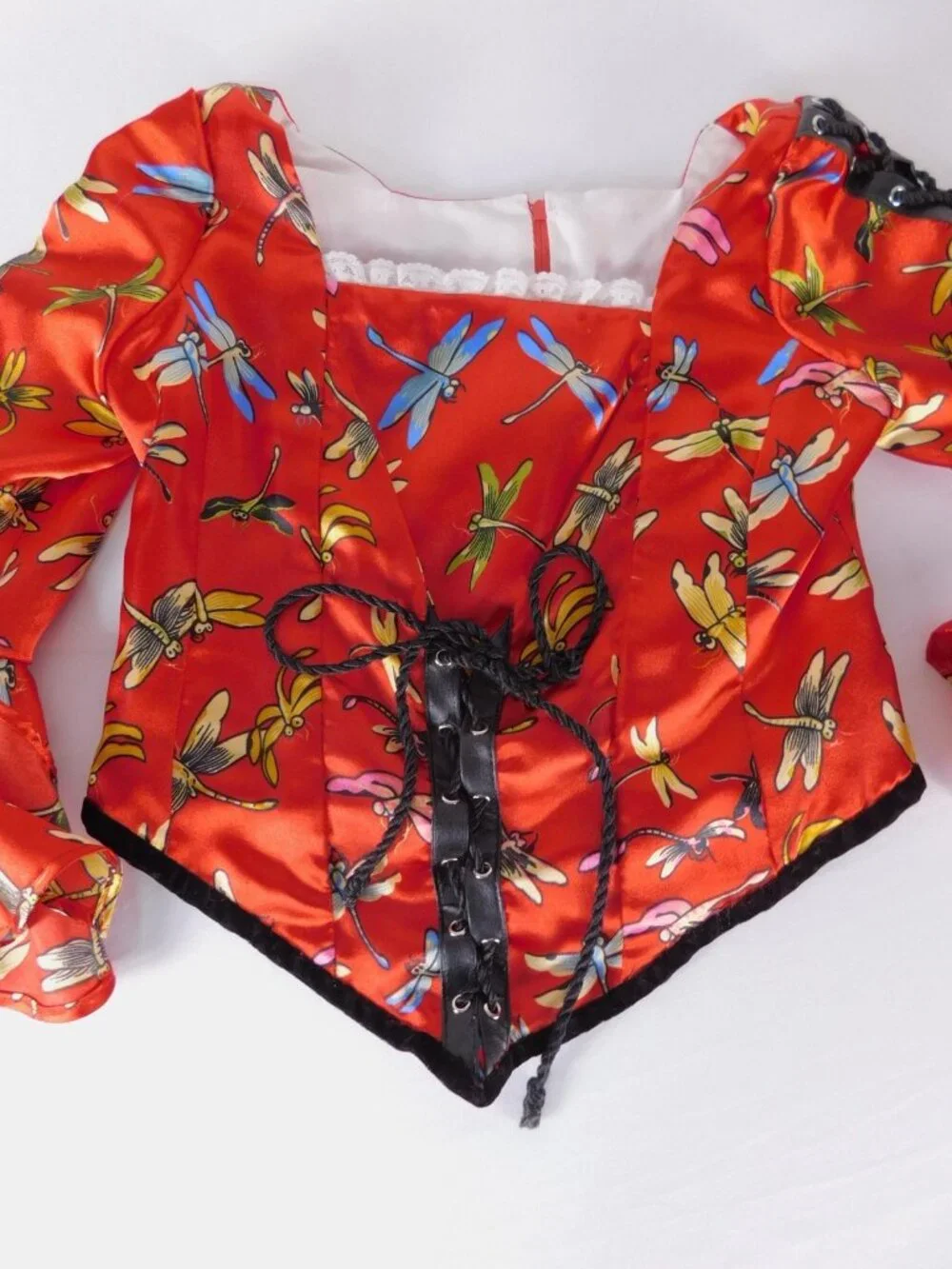 Handmade Blouse Girls 8 Red Dragonfly Print Satin Lace Up Bell Sleeve Cropped